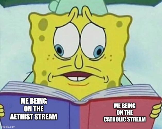 spongebob cross eyes | ME BEING ON THE CATHOLIC STREAM; ME BEING ON THE AETHIST STREAM | image tagged in spongebob cross eyes,athiest,catholic | made w/ Imgflip meme maker