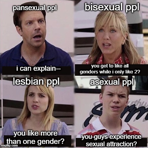 You guys are getting paid template | bisexual ppl; pansexual ppl; you get to like all genders while i only like 2? i can explain--; lesbian ppl; asexual ppl; you like more than one gender? you guys experience sexual attraction? | image tagged in you guys are getting paid template | made w/ Imgflip meme maker