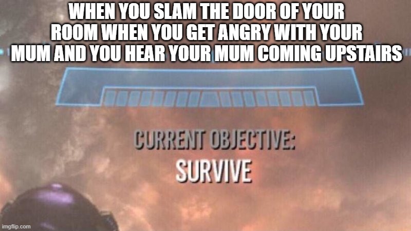 Current Objective: Survive | WHEN YOU SLAM THE DOOR OF YOUR ROOM WHEN YOU GET ANGRY WITH YOUR MUM AND YOU HEAR YOUR MUM COMING UPSTAIRS | image tagged in current objective survive | made w/ Imgflip meme maker