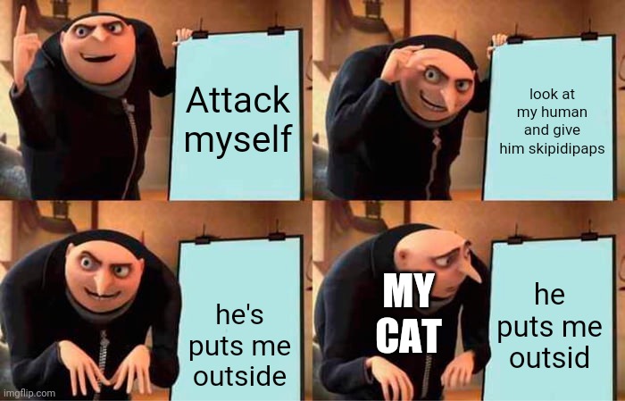 Gru's Plan | Attack myself; look at my human and give him skipidipaps; he puts me outsid; MY CAT; he's puts me outside | image tagged in memes,gru's plan | made w/ Imgflip meme maker