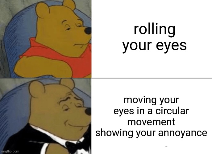 Cool I guess |  rolling your eyes; moving your eyes in a circular movement showing your annoyance | image tagged in memes,tuxedo winnie the pooh,rolling eyes,well ok,tags,hi | made w/ Imgflip meme maker