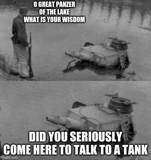 Tank | O GREAT PANZER OF THE LAKE WHAT IS YOUR WISDOM; DID YOU SERIOUSLY COME HERE TO TALK TO A TANK | image tagged in panzer of the lake | made w/ Imgflip meme maker