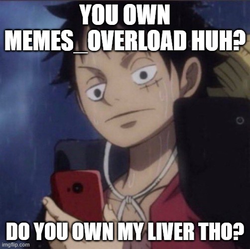 i mean, i certainly don't own my liver anymore, so... | YOU OWN MEMES_OVERLOAD HUH? DO YOU OWN MY LIVER THO? | image tagged in luffy phone | made w/ Imgflip meme maker