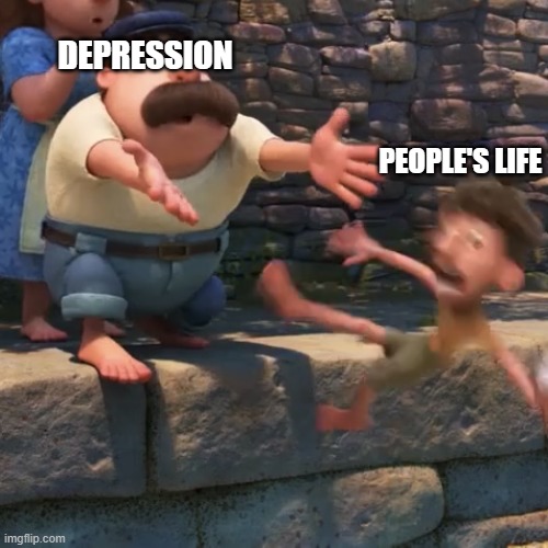 le sepresso | DEPRESSION; PEOPLE'S LIFE | image tagged in man throws child into water | made w/ Imgflip meme maker