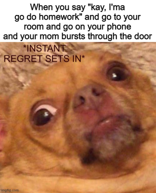 When you say "kay, I'ma go do homework" and go to your room and go on your phone and your mom bursts through the door | image tagged in memes,instant regret sets in,homework,school,relatable,funny memes | made w/ Imgflip meme maker