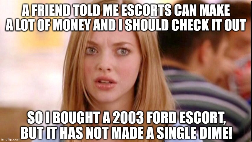 What does someone mean when they say you can't see the forest through the trees? |  A FRIEND TOLD ME ESCORTS CAN MAKE A LOT OF MONEY AND I SHOULD CHECK IT OUT; SO I BOUGHT A 2003 FORD ESCORT, BUT IT HAS NOT MADE A SINGLE DIME! | image tagged in dumb blonde,words,cars,bad idea,ford,confused | made w/ Imgflip meme maker