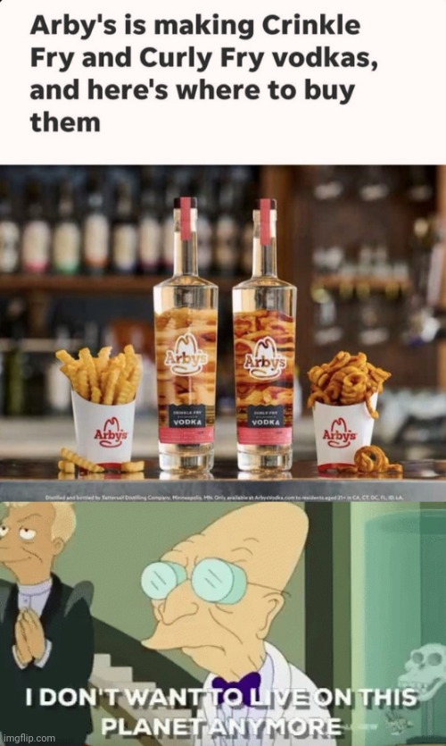 Farnsworth gross vodka | image tagged in i don't want to live on this planet anymore,vodka,french fries | made w/ Imgflip meme maker
