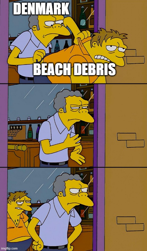 Kicking out Simpsons | DENMARK; BEACH DEBRIS | image tagged in kicking out simpsons | made w/ Imgflip meme maker