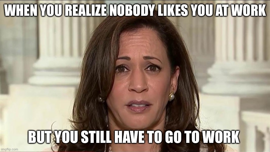 kamala harris | WHEN YOU REALIZE NOBODY LIKES YOU AT WORK; BUT YOU STILL HAVE TO GO TO WORK | image tagged in kamala harris | made w/ Imgflip meme maker