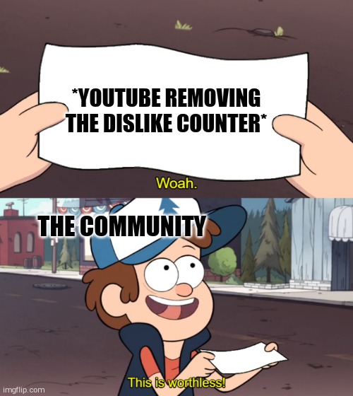we all wish this would change | *YOUTUBE REMOVING THE DISLIKE COUNTER*; THE COMMUNITY | image tagged in this is worthless | made w/ Imgflip meme maker