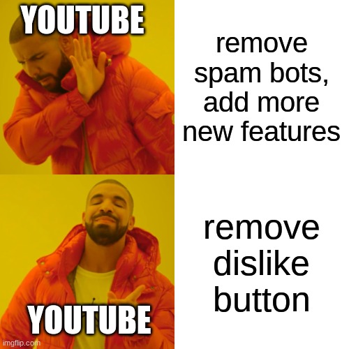 Drake Hotline Bling Meme | remove spam bots, add more new features remove dislike button YOUTUBE YOUTUBE | image tagged in memes,drake hotline bling | made w/ Imgflip meme maker