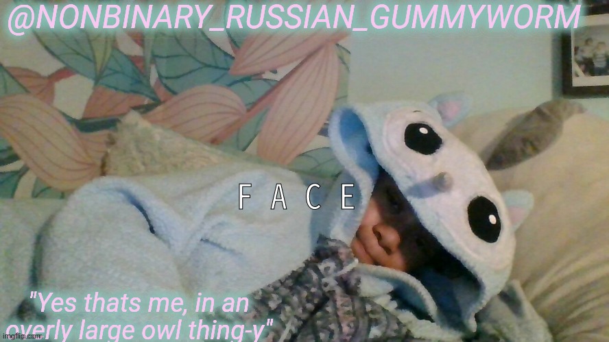 .-. | F A C E | image tagged in gummyworm's overly large owl thingy temp | made w/ Imgflip meme maker