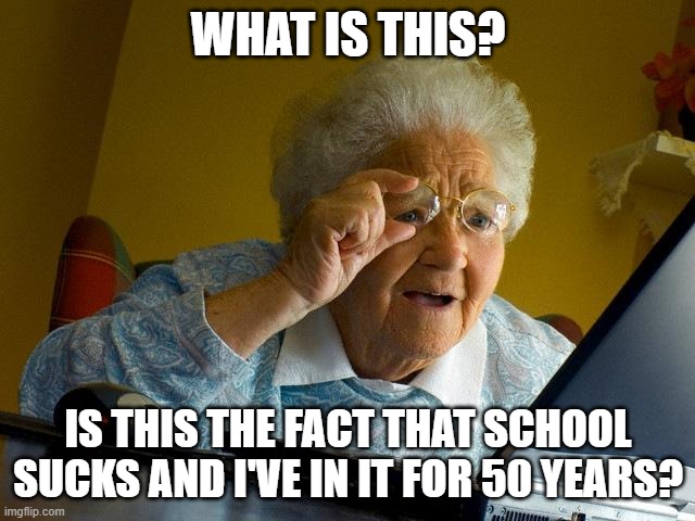 This is very true so SHUSH | WHAT IS THIS? IS THIS THE FACT THAT SCHOOL SUCKS AND I'VE IN IT FOR 50 YEARS? | image tagged in memes,grandma finds the internet | made w/ Imgflip meme maker