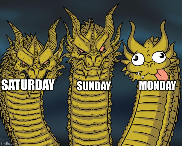 SATURDAY SUNDAY MONDAY | image tagged in three-headed dragon | made w/ Imgflip meme maker