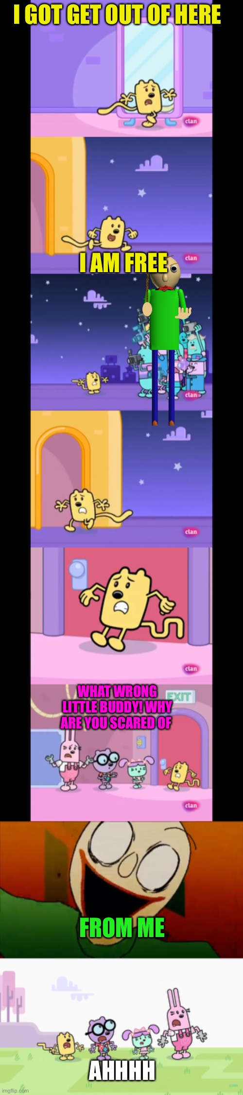 Wubbzy try to escape from Baldi | I GOT GET OUT OF HERE; I AM FREE; WHAT WRONG LITTLE BUDDY! WHY ARE YOU SCARED OF; FROM ME; AHHHH | image tagged in wubbzy,baldi,memes | made w/ Imgflip meme maker