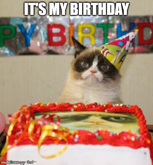 Grumpy Cat Birthday Meme | IT'S MY BIRTHDAY | image tagged in memes,grumpy cat birthday,grumpy cat | made w/ Imgflip meme maker