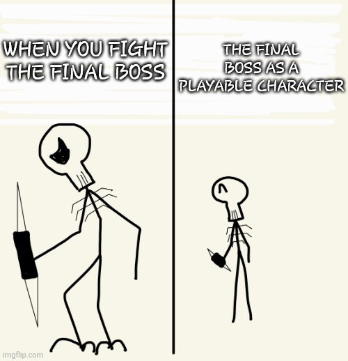 w e k | THE FINAL BOSS AS A PLAYABLE CHARACTER; WHEN YOU FIGHT THE FINAL BOSS | image tagged in strong vs weak doodle version | made w/ Imgflip meme maker