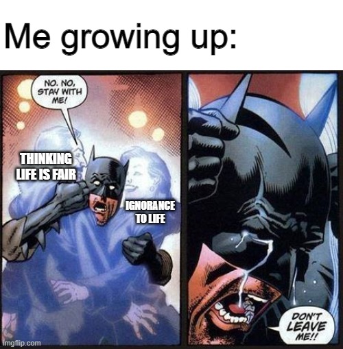 don't leave me!! | Me growing up:; THINKING LIFE IS FAIR; IGNORANCE TO LIFE | image tagged in batman don't leave me | made w/ Imgflip meme maker