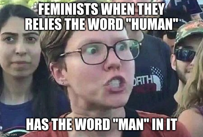 Triggered Liberal | FEMINISTS WHEN THEY RELIES THE WORD "HUMAN"; HAS THE WORD "MAN" IN IT | image tagged in triggered liberal,feminism,angry feminist,human | made w/ Imgflip meme maker