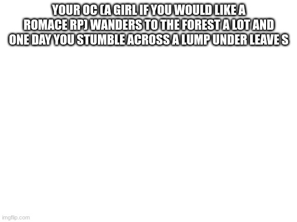 Blank White Template | YOUR OC (A GIRL IF YOU WOULD LIKE A ROMACE RP) WANDERS TO THE FOREST A LOT AND ONE DAY YOU STUMBLE ACROSS A LUMP UNDER LEAVE S | image tagged in blank white template | made w/ Imgflip meme maker