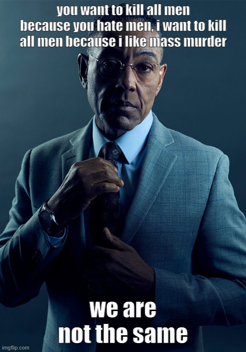 Gus Fring we are not the same | you want to kill all men because you hate men, i want to kill all men because i like mass murder; we are not the same | image tagged in gus fring we are not the same | made w/ Imgflip meme maker