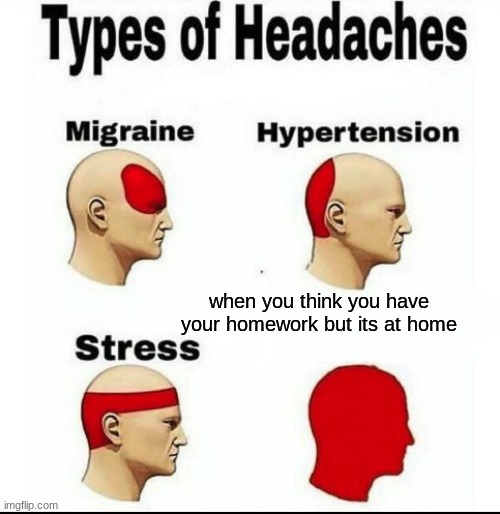 Types of Headaches meme | when you think you have your homework but its at home | image tagged in types of headaches meme | made w/ Imgflip meme maker