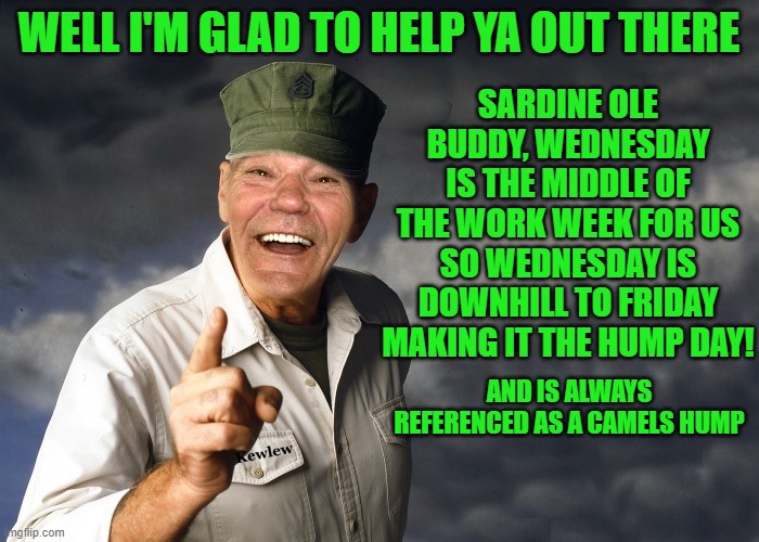 kewlew | WELL I'M GLAD TO HELP YA OUT THERE SARDINE OLE BUDDY, WEDNESDAY IS THE MIDDLE OF THE WORK WEEK FOR US SO WEDNESDAY IS DOWNHILL TO FRIDAY MAK | image tagged in kewlew | made w/ Imgflip meme maker