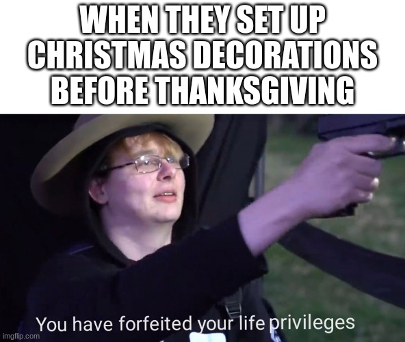You have forfeited your life privileges | WHEN THEY SET UP CHRISTMAS DECORATIONS BEFORE THANKSGIVING | image tagged in you have forfeited your life privileges | made w/ Imgflip meme maker