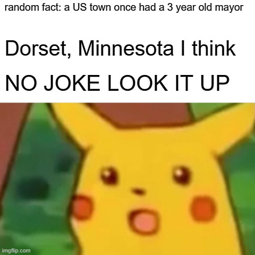 random fact 4 | random fact: a US town once had a 3 year old mayor; Dorset, Minnesota I think; NO JOKE LOOK IT UP | image tagged in memes,surprised pikachu | made w/ Imgflip meme maker