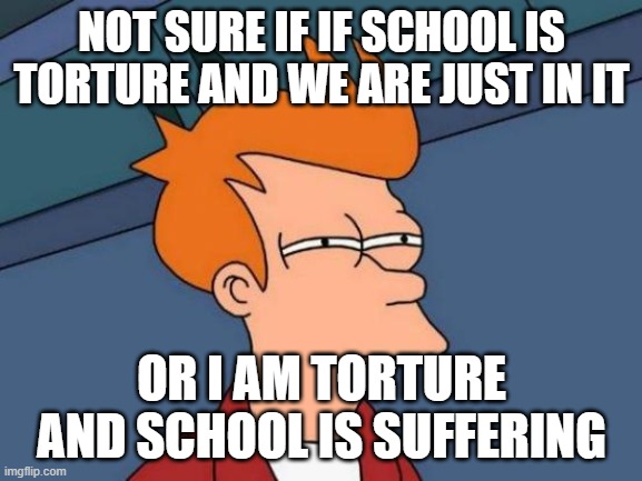 hmmmm torture tactics | NOT SURE IF IF SCHOOL IS TORTURE AND WE ARE JUST IN IT; OR I AM TORTURE AND SCHOOL IS SUFFERING | image tagged in memes,futurama fry | made w/ Imgflip meme maker