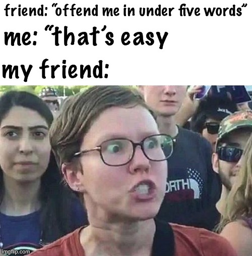 LOL | friend: “offend me in under five words”; me: “that’s easy; my friend: | image tagged in triggered liberal | made w/ Imgflip meme maker