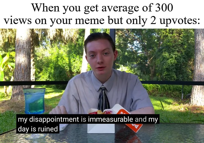 This makes me feel so sad | When you get average of 300 views on your meme but only 2 upvotes: | image tagged in my disappointment is immeasurable,sad,meme | made w/ Imgflip meme maker