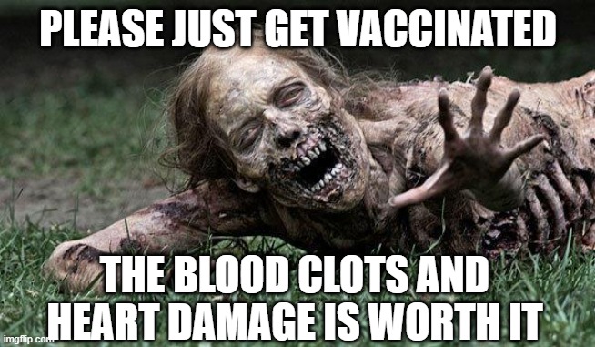 mRNA is poison, higher doses = insta-kill. lower doses = slow-death | PLEASE JUST GET VACCINATED; THE BLOOD CLOTS AND HEART DAMAGE IS WORTH IT | image tagged in walking dead zombie,vaccine,vaccines,vaccination,covid,biden | made w/ Imgflip meme maker