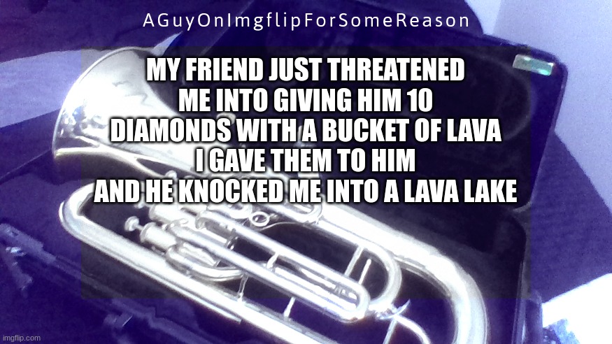 He's a terrorist | MY FRIEND JUST THREATENED ME INTO GIVING HIM 10 DIAMONDS WITH A BUCKET OF LAVA
I GAVE THEM TO HIM AND HE KNOCKED ME INTO A LAVA LAKE | image tagged in aguyonimgflip announcement temp 4 | made w/ Imgflip meme maker