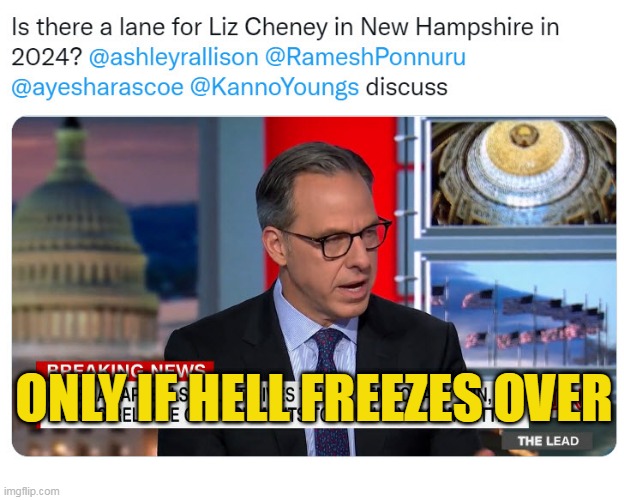 Only if hell freezes over | ONLY IF HELL FREEZES OVER | image tagged in liz cheney,rino,2024 | made w/ Imgflip meme maker