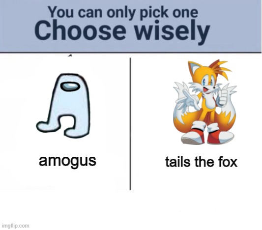 Choose wisely | tails the fox amogus | image tagged in choose wisely | made w/ Imgflip meme maker