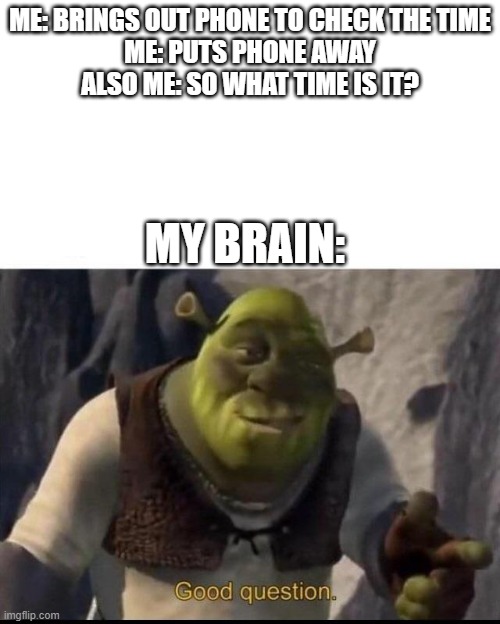 Anyone else relate to this? | ME: BRINGS OUT PHONE TO CHECK THE TIME
ME: PUTS PHONE AWAY
ALSO ME: SO WHAT TIME IS IT? MY BRAIN: | image tagged in shrek | made w/ Imgflip meme maker
