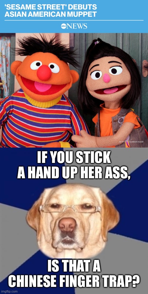 Chinese Finger Trap | IF YOU STICK A HAND UP HER ASS, IS THAT A CHINESE FINGER TRAP? | image tagged in sesame street asian,racist dog,muppets,bad joke,china,trap | made w/ Imgflip meme maker