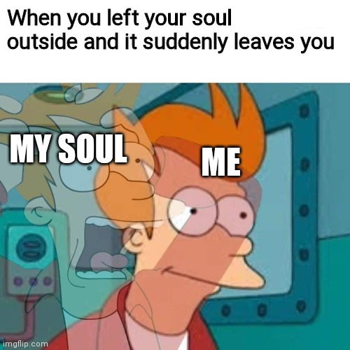 Soul | When you left your soul outside and it suddenly leaves you; MY SOUL; ME | image tagged in fry,futurama fry,futurama | made w/ Imgflip meme maker