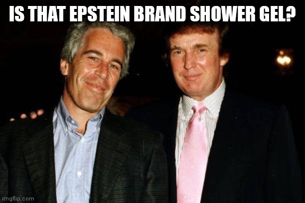 Jeffrey Epstein and Donald Trump | IS THAT EPSTEIN BRAND SHOWER GEL? | image tagged in jeffrey epstein and donald trump | made w/ Imgflip meme maker