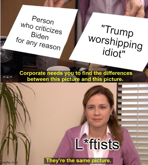 Hating Biden doesn't mean we want Trump back by any means. Not that we wouldn't prefer Trump. | Person who criticizes Biden for any reason; "Trump worshipping idiot"; L*ftists | image tagged in memes,they're the same picture,leftists,let's go brandon | made w/ Imgflip meme maker