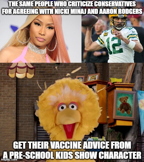 A kids show character isn't the person for vaccine advice | THE SAME PEOPLE WHO CRITICIZE CONSERVATIVES FOR AGREEING WITH NICKI MINAJ AND AARON RODGERS; GET THEIR VACCINE ADVICE FROM A PRE-SCHOOL KIDS SHOW CHARACTER | image tagged in nicki minaj,aaron rodgers,big bird,sesame street,liberal hypocrisy,vaccines | made w/ Imgflip meme maker