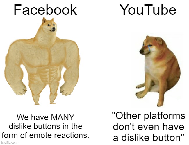 Indict Susan! | Facebook; YouTube; We have MANY dislike buttons in the form of emote reactions. "Other platforms don't even have a dislike button" | image tagged in memes,buff doge vs cheems,youtube,dislike | made w/ Imgflip meme maker