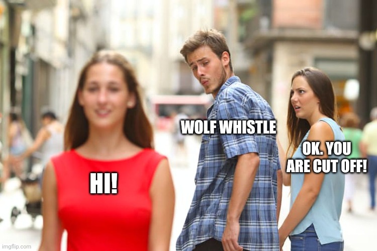 Distracted Boyfriend | WOLF WHISTLE; OK. YOU ARE CUT OFF! HI! | image tagged in memes,distracted boyfriend | made w/ Imgflip meme maker