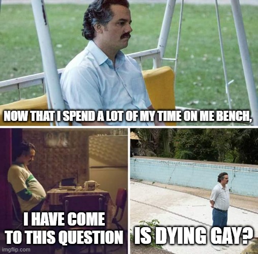 Pablo questions if dying is gay | NOW THAT I SPEND A LOT OF MY TIME ON ME BENCH, I HAVE COME TO THIS QUESTION; IS DYING GAY? | image tagged in memes,sad pablo escobar,dying is gay | made w/ Imgflip meme maker