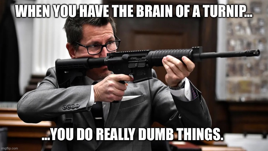 Liberal Lawyer Fail | WHEN YOU HAVE THE BRAIN OF A TURNIP…; …YOU DO REALLY DUMB THINGS. | image tagged in liberal lawyer gun fail,stupid liberals | made w/ Imgflip meme maker
