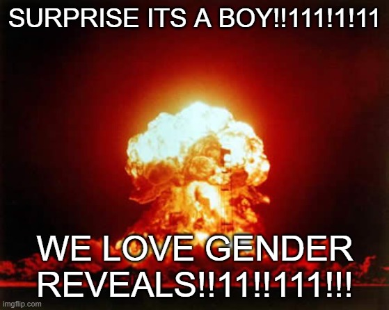 very true |  SURPRISE ITS A BOY!!111!1!11; WE LOVE GENDER REVEALS!!11!!111!!! | image tagged in memes,nuclear explosion,gender reveal | made w/ Imgflip meme maker