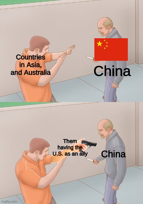 China; Countries in Asia, and Australia; China; Them having the U.S. as an ally | image tagged in wikihow defend against knife,self defense | made w/ Imgflip meme maker