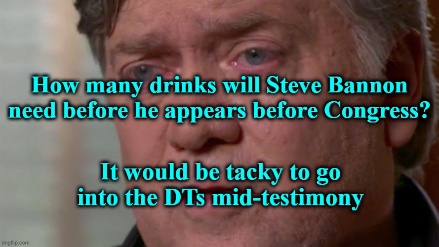 Steve Bannon: Late-Stage Alcoholic | How many drinks will Steve Bannon need before he appears before Congress? It would be tacky to go into the DTs mid-testimony | image tagged in steve bannon,bannon,drunk steve bannon,alcoholic | made w/ Imgflip meme maker