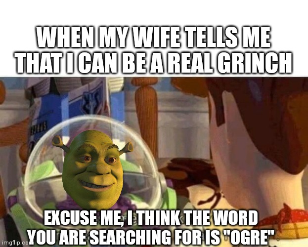 Space Ranger | WHEN MY WIFE TELLS ME THAT I CAN BE A REAL GRINCH; EXCUSE ME, I THINK THE WORD YOU ARE SEARCHING FOR IS "OGRE" | image tagged in space ranger | made w/ Imgflip meme maker